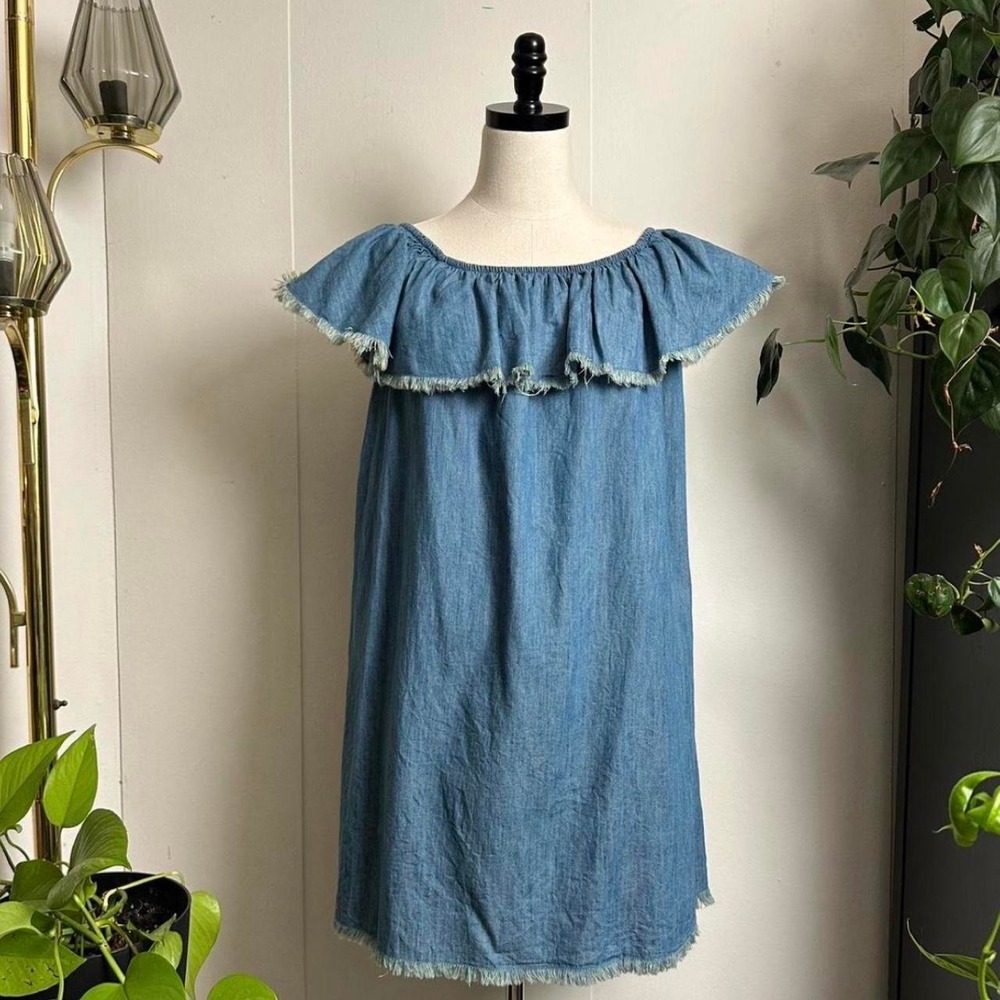 Mossimo Supply Blue Denim Off The Shoulder Ruffle Mini Dress Small Boho Fringe